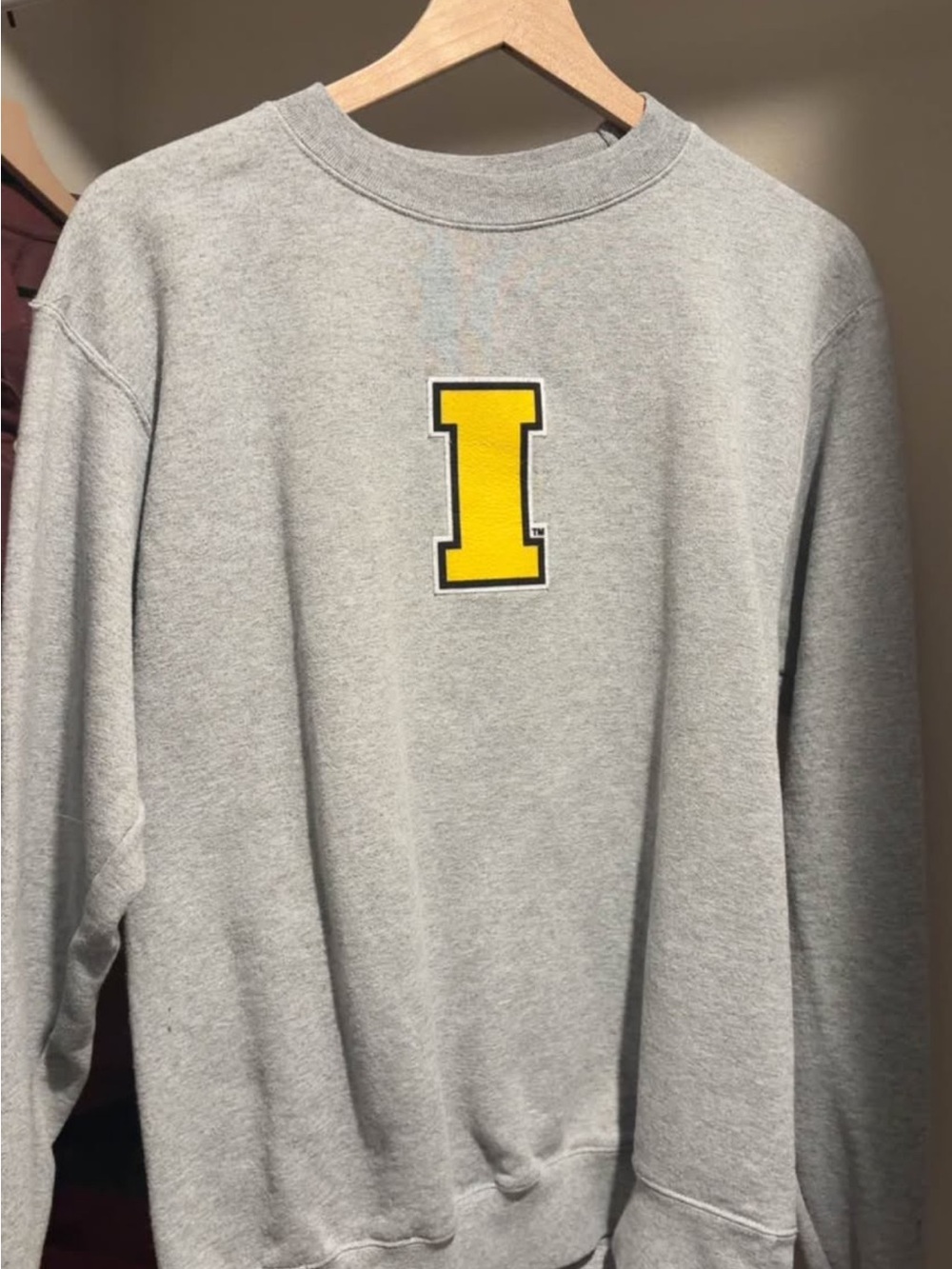 Gray Crewneck Sweater with Yellow 'I' Patch